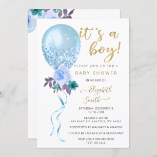 Invitation Parties scintillant Blue Floral Balloon Baby showe