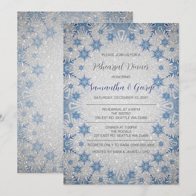 Invitation Parties scintillant Blue Snowflakes Dîner de répét (Devant / Derrière)