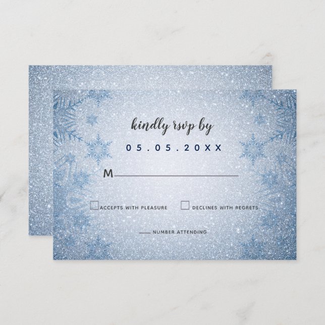 Invitation Parties scintillant Blue Snowflakes mariage hiver  (Devant / Derrière)