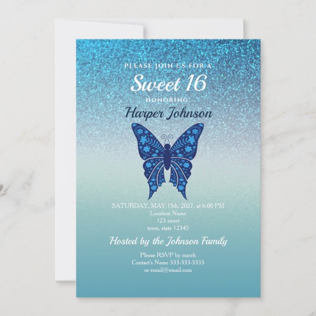 Invitation Parties scintillant Blue Sweet 16 Anniversaire Inv (Devant)
