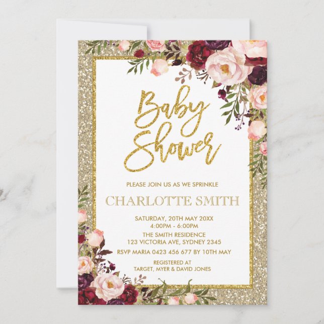 Invitation Parties scintillant Bourgogne rose Baby shower Flo (Devant)