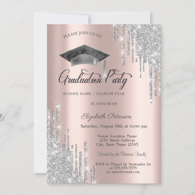 Invitation Parties scintillant, Casquette diplômé, Rose Gold  (Devant)
