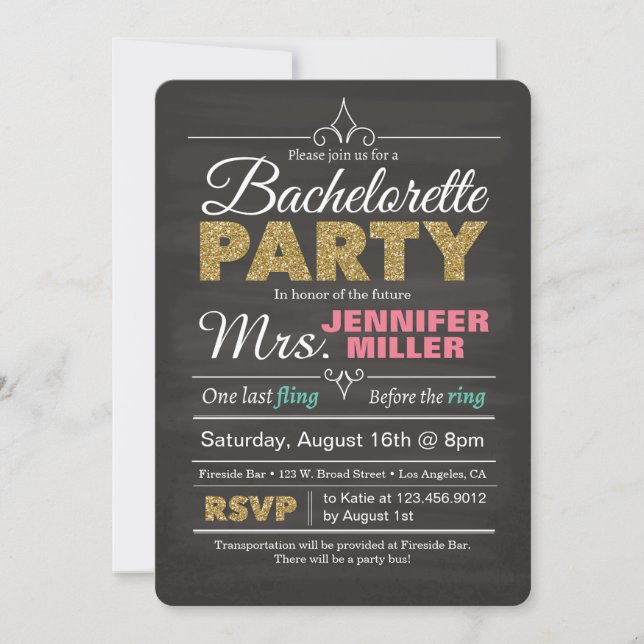 Invitation Parties scintillant Chalkboard Bachelorette Party  (Devant)