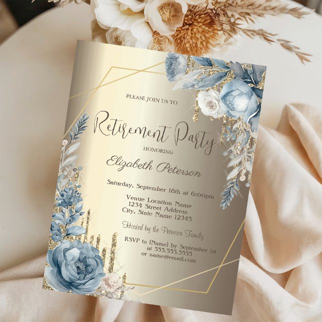 Invitation Parties scintillant  Champagne Gold Blue Roses Cad (Créateur téléchargé)