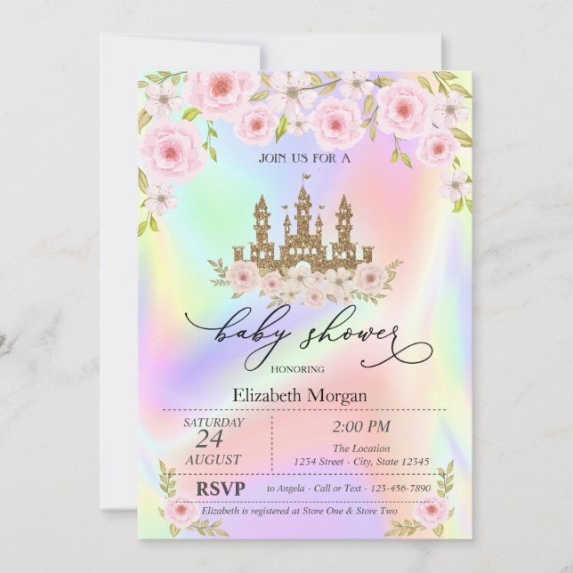 Invitation Parties scintillant Château Rose Baby shower holog (Devant)