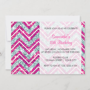 Invitation Parties scintillant Chevron Girl Pink & Blue Spark