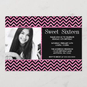 Invitation Parties scintillant Chevron Sweet 16 Black Pink Fa