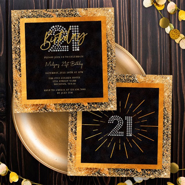 Invitation Parties scintillant chic Black and Gold 21e fête d (Front / Back)