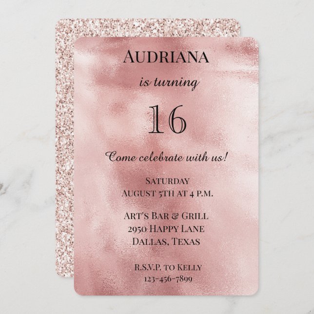 Invitation Parties scintillant Chic Blush Rose Glam Anniversa (Devant / Derrière)