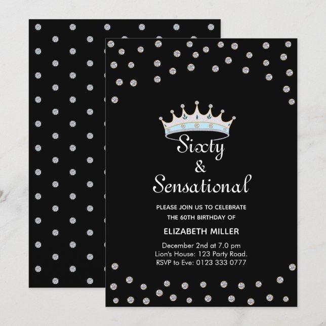 Invitation Parties scintillant chic Couronne diamant sur Noir (Devant / Derrière)
