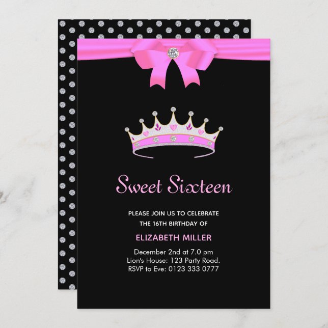Invitation Parties scintillant chic Diamond Crown Sweet sixte (Devant / Derrière)