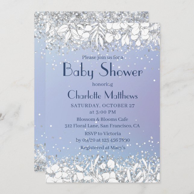 Invitation Parties scintillant chic Floral Blue Boy Baby show (Devant / Derrière)