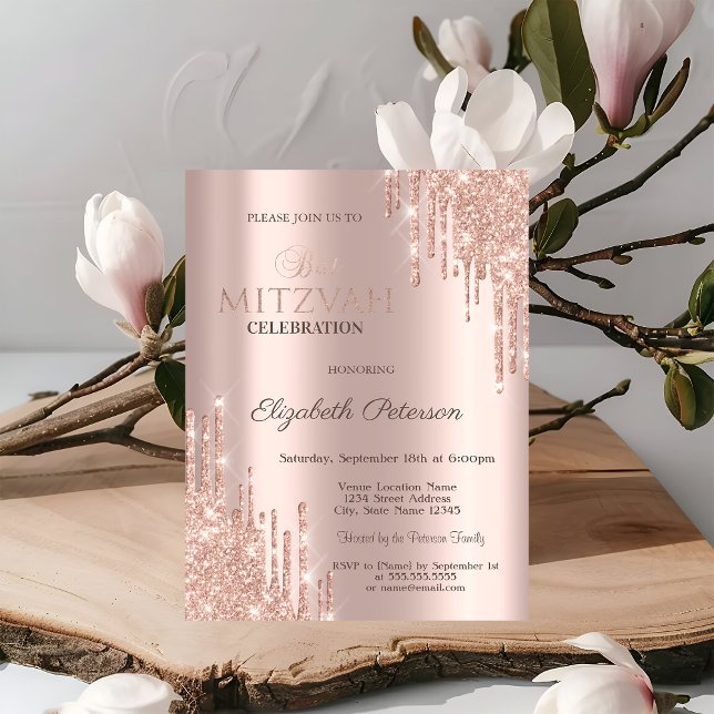Invitation Parties scintillant chic Rose Bat mitzvah or  (Créateur téléchargé)