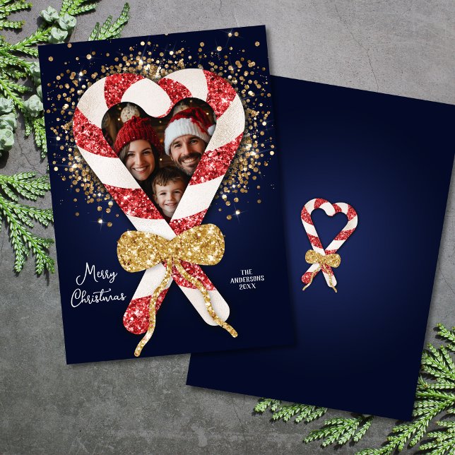 Invitation Parties scintillant chic Sucre de canne or cadre p (glitter candy cane photo frame on navy background)