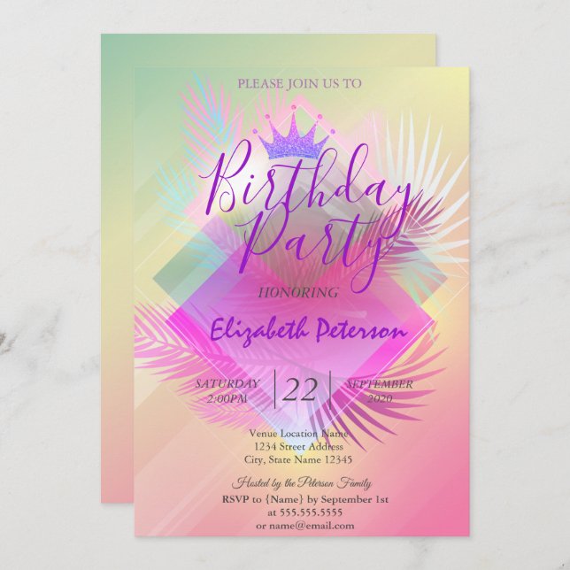 Invitation Parties scintillant chic Tiara Palm Feuilles fête  (Devant / Derrière)