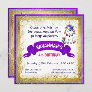 Invitation Parties scintillant colorée Unicorne violet