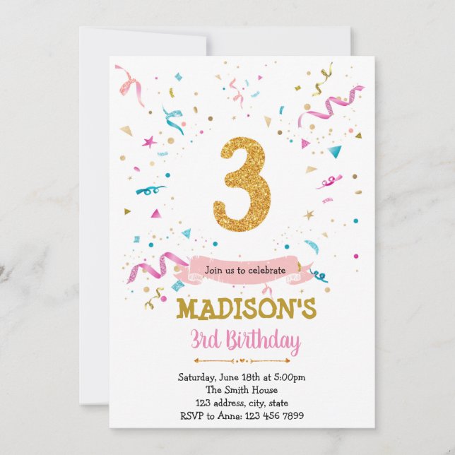 Invitation Parties scintillant Confetti 3ème anniversaire inv (Devant)