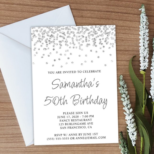 Invitation Parties scintillant Confetti Argent Blanc 50e anni (Create your own birthday invitation.)