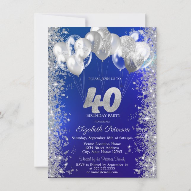 Invitation Parties scintillant Confetti Ballons Marine Bleu 4 (Devant)