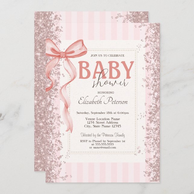 Invitation Parties scintillant Confetti Bow rose Baby shower  (Devant / Derrière)