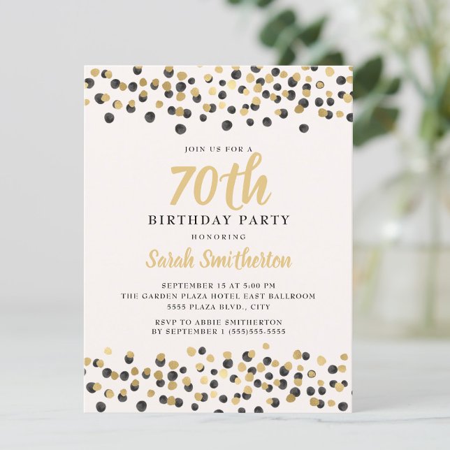 Invitation Parties scintillant Confetti en or noir blanc 70e  (Black and gold confetti on white 70th birthday party invitation)