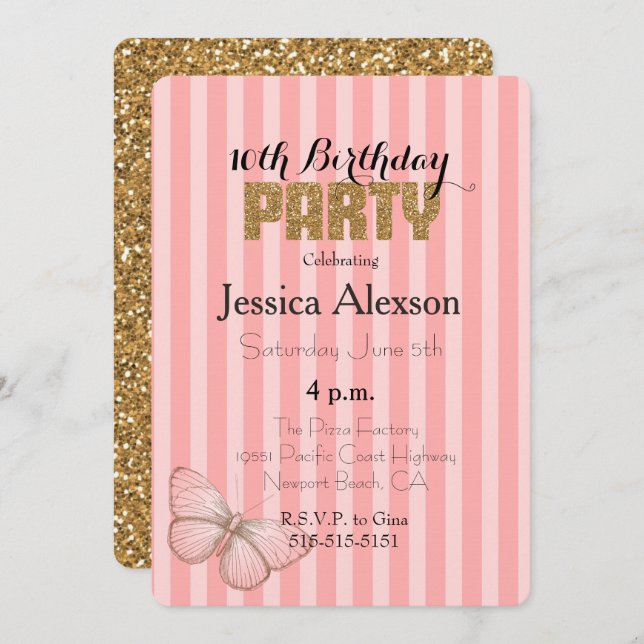 Invitation Parties scintillant Confetti en or rose vif 16e an (Devant / Derrière)