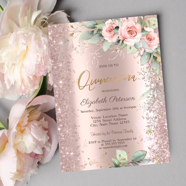 Invitation Parties scintillant Confetti Rose Gold Roses Quinc (Créateur téléchargé)