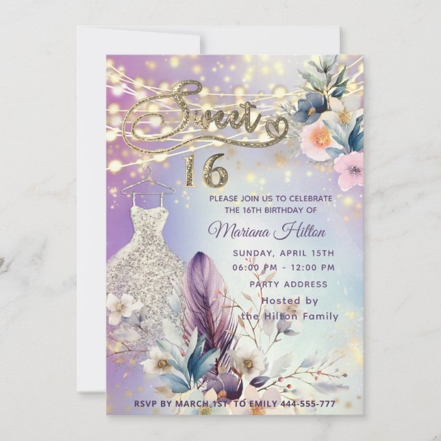 Invitation parties scintillant cool boho florale (Devant)