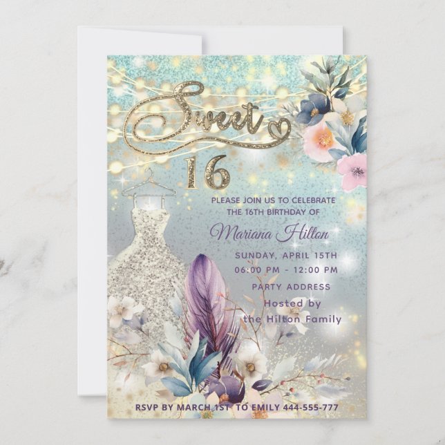Invitation parties scintillant cool boho florale (Devant)