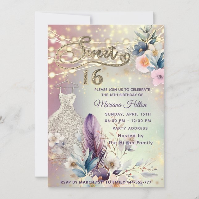 Invitation parties scintillant cool boho florale (Devant)