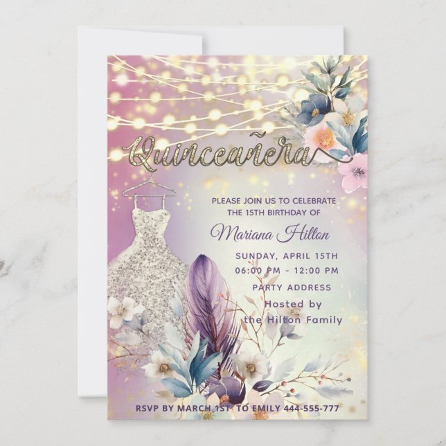 Invitation parties scintillant cool boho florale (Devant)