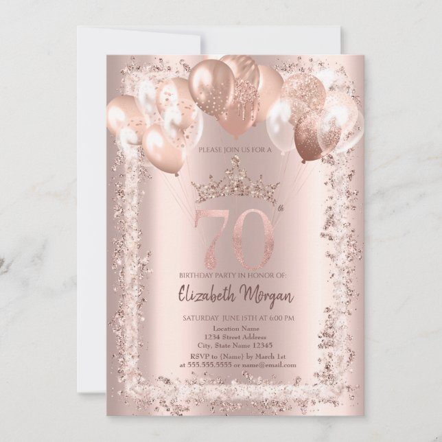 Invitation Parties scintillant, Couronne, Ballons 70e anniver (Devant)