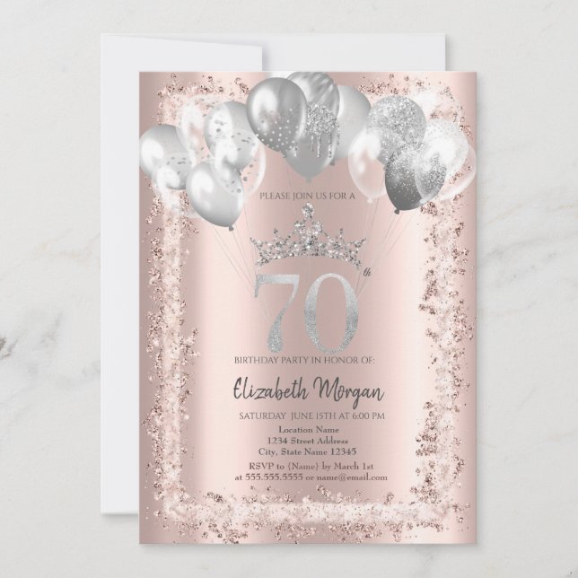 Invitation Parties scintillant, Couronne d'argent, Ballons 70 (Devant)