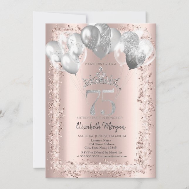 Invitation Parties scintillant, Couronne d'argent, Ballons 75 (Devant)