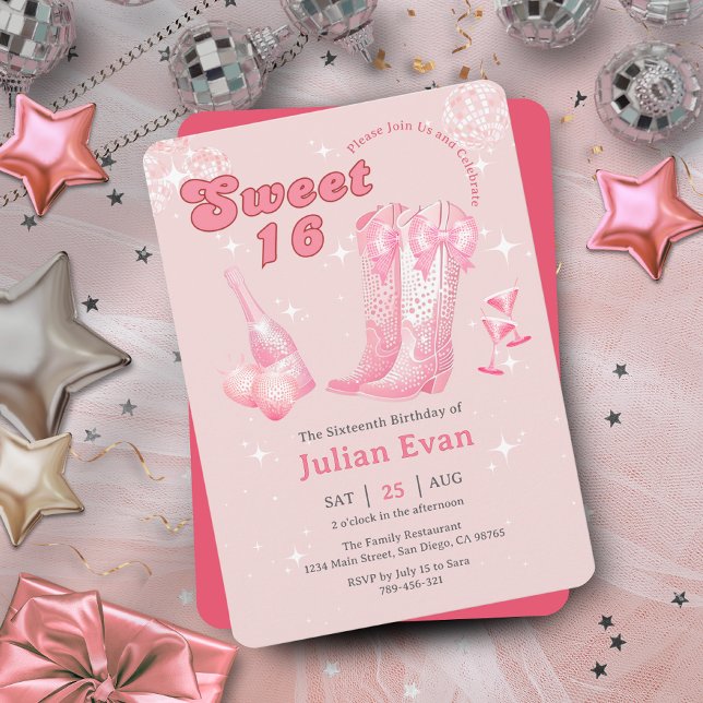 Invitation Parties scintillant Cowgirl Boot rose Sweet 16 Inv (Glitter Cowgirl Pink Bow Boots Sweet 16 Invitation)