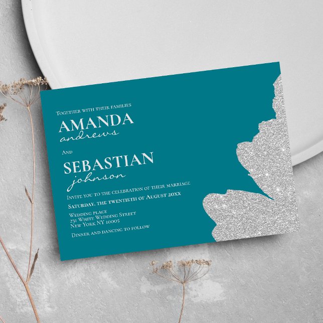 Invitation Parties scintillant cyan profond chic brosse maria (Chic deep cyan silver glitter brushstrokes wedding)
