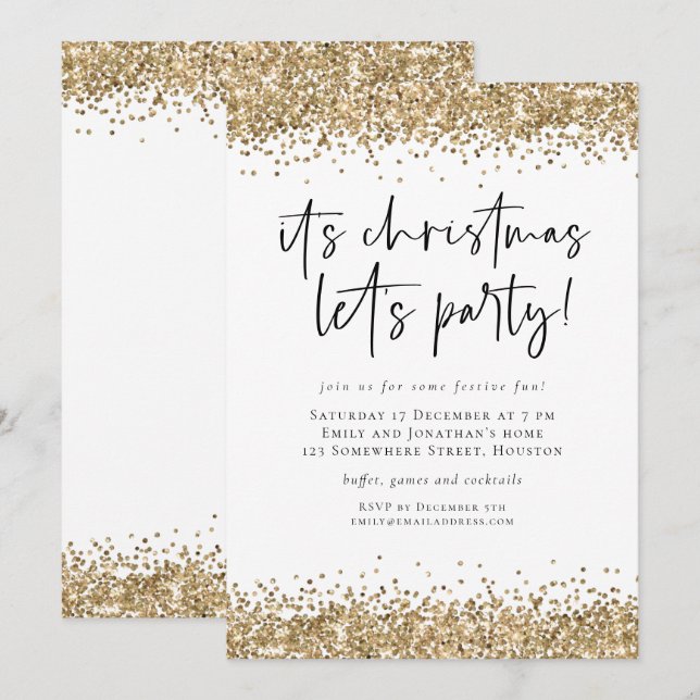 Invitation Parties scintillant d’or Noël Fêtons Glam (Devant / Derrière)