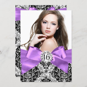Invitation Parties scintillant Damas & pourpre Bow Sweet 16 I