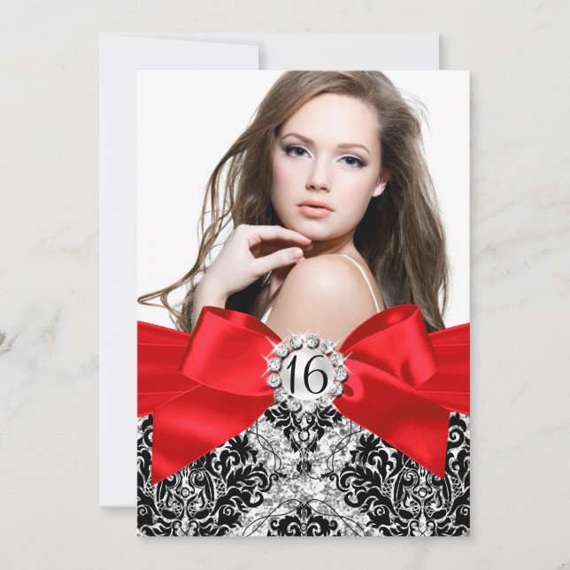Invitation Parties scintillant Damask & Red Bow Sweet 16 Invi (Devant)