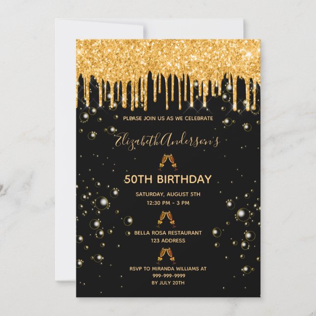 Invitation Parties scintillant d'anniversaire noir or scintil (Devant)