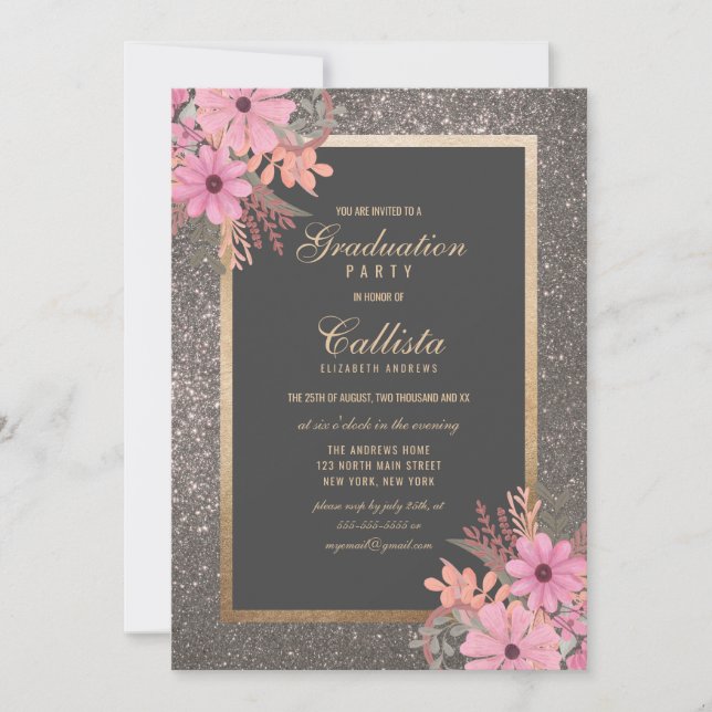 Invitation Parties scintillant d'aquarelle florale Argent (Devant)