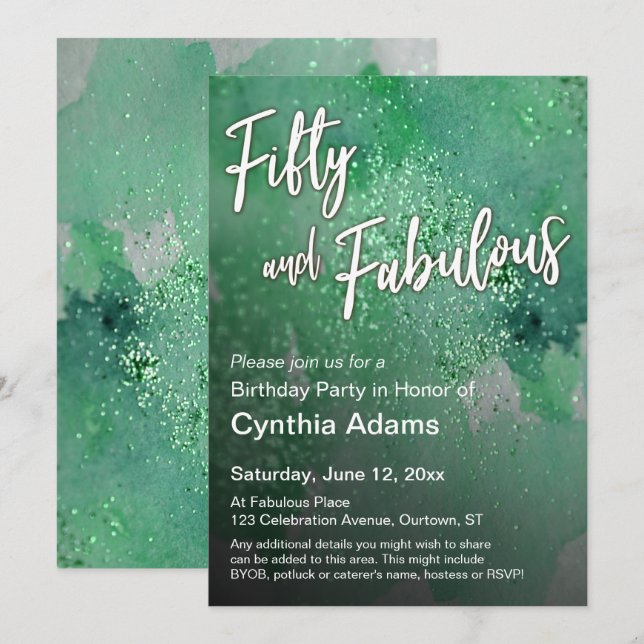 Invitation Parties scintillant d'aquarelle verte brillante Ci (Devant / Derrière)