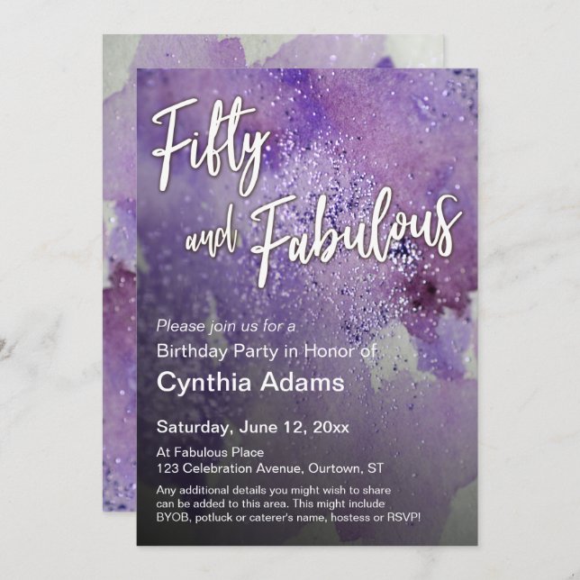 Invitation Parties scintillant d'aquarelle violet gras Cinqua (Devant / Derrière)