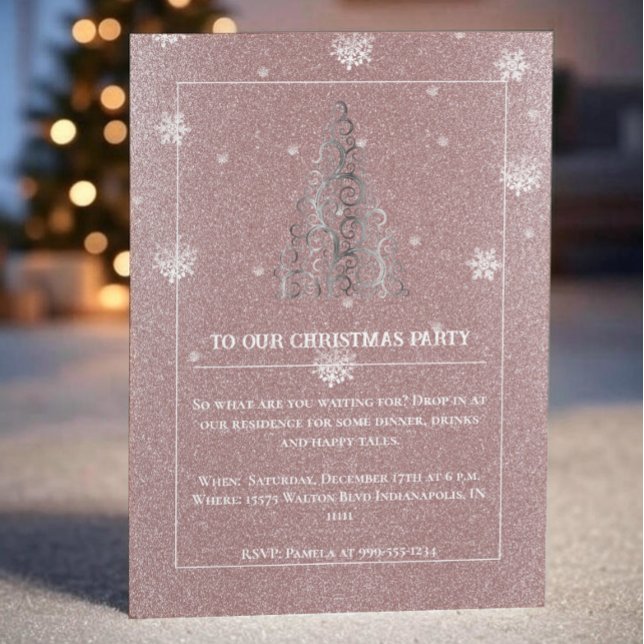 Invitation Parties scintillant d'arbre de Noël et flocons de  (Pink Christmas Tree Glitter and Snowflakes Party Invitation)