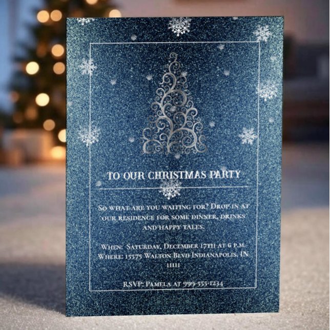 Invitation Parties scintillant d'arbre de Noël et flocons de  (Blue Christmas Tree Glitter and Snowflakes Party Invitation)