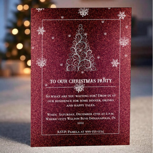 Invitation Parties scintillant d'arbre de Noël et flocons de  (Red Christmas Tree Glitter and Snowflakes Party Invitation)