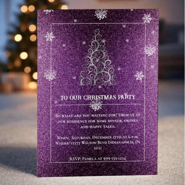 Invitation Parties scintillant d'arbre de Noël et flocons de  (Magenta Christmas Tree Glitter and Snowflakes Party Invitation)