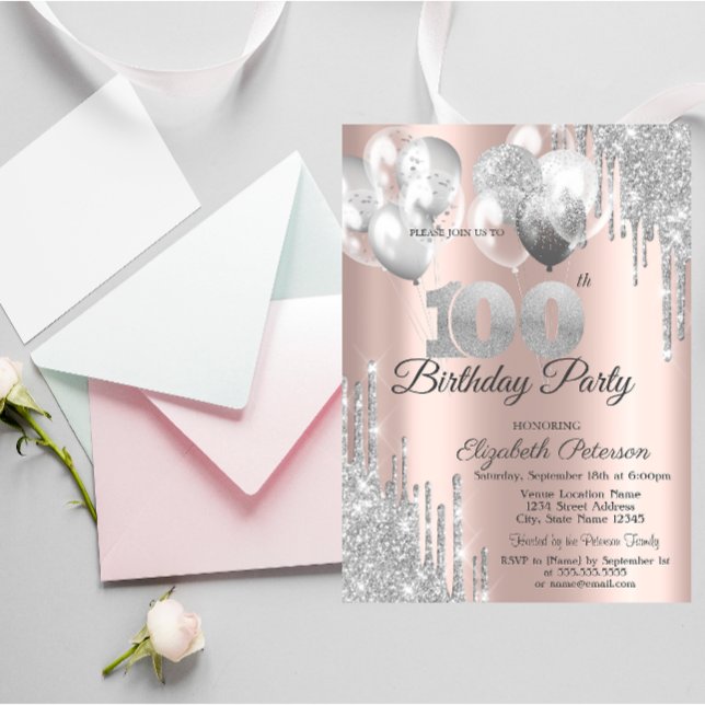 Invitation Parties scintillant d'argent Ballons 100e fête d'a (Créateur téléchargé)