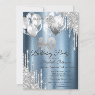 Invitation Parties scintillant d'argent Ballons Bleus Métalli