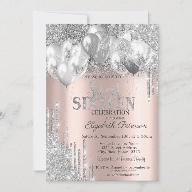 Invitation Parties scintillant d'argent Ballons Rose Gold Swe (Devant)